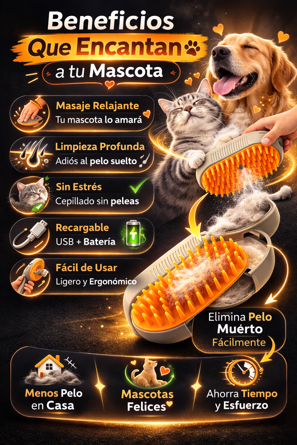 Cepillo a Vapor 2 en 1  Limpieza profunda y masajeador para MASCOTAS