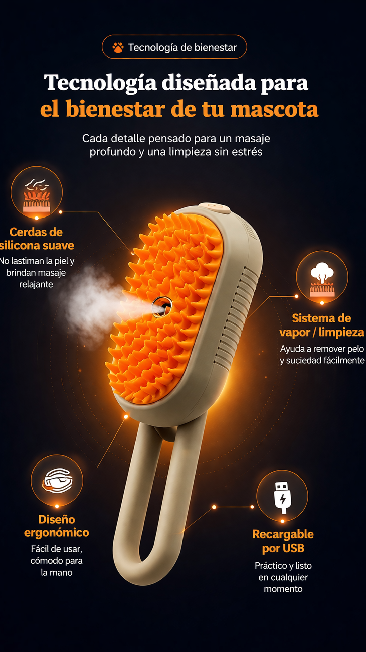 Cepillo a Vapor 2 en 1  Limpieza profunda y masajeador para MASCOTAS